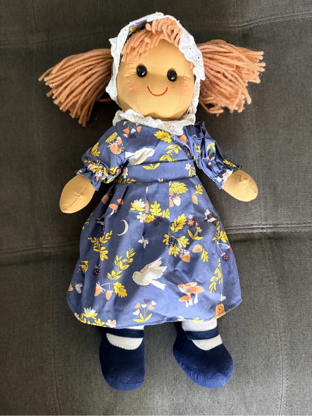 Vintage Rag Doll Plush Toy - Navy Floral Dress, Peach Hair